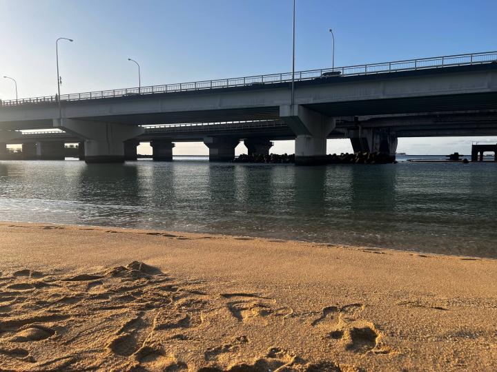 Naimonue Beach: unique beach in Naha, where a highway has been built over the sea | Japan, Ryukyu Islands, Naha