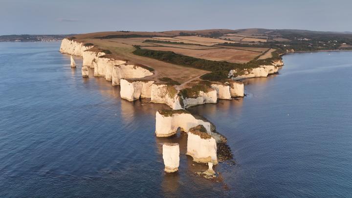 Aerial perspective of Old Harry Rocks | United Kingdom, Dorset, Studland